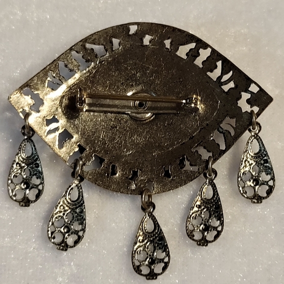 Vintage Filigree Eye Shaped Siam Enamel Silver-tone Dangle Brooch / Pin - Picture 2 of 3